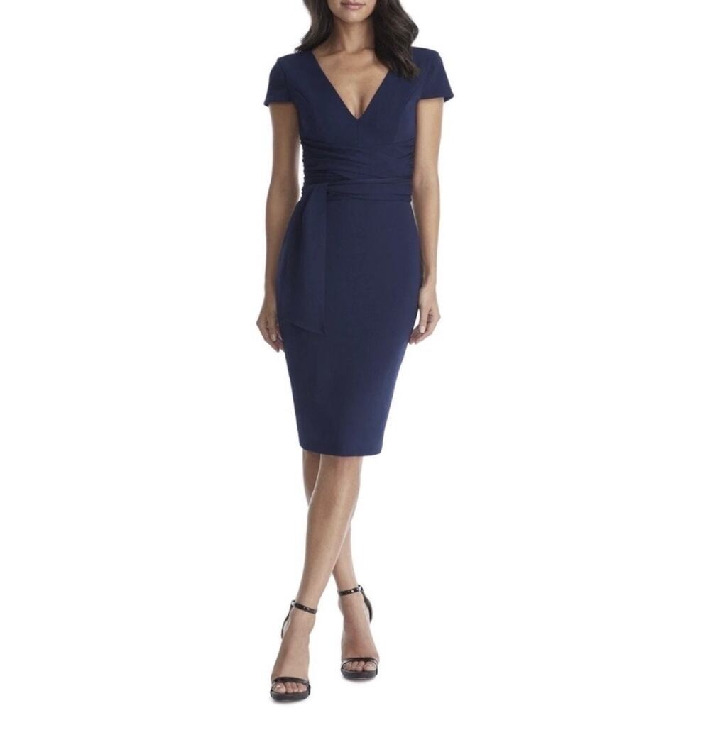 NWT DRESS THE POPULATION Dana Navy Blue Belted Cap Sleeve Mini Dress